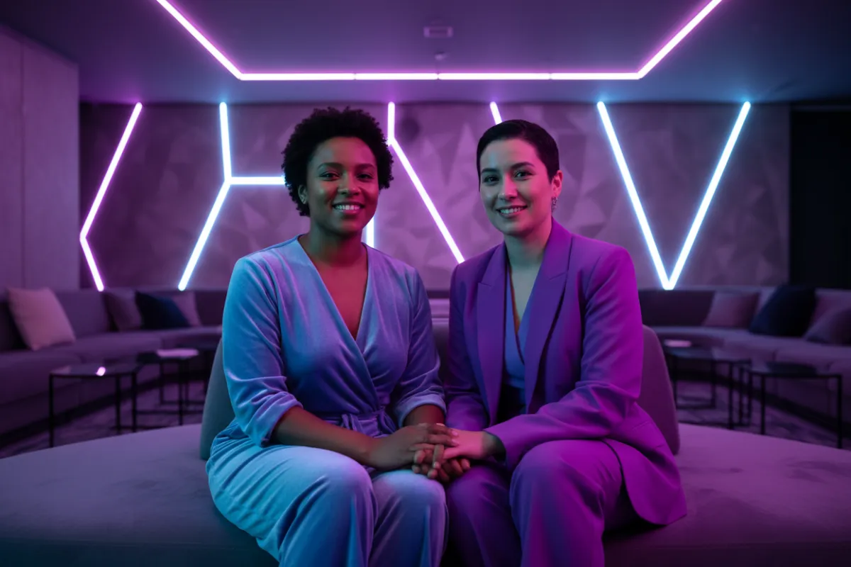 Two LGBTQ+ individuals with different skin tones, holding hands