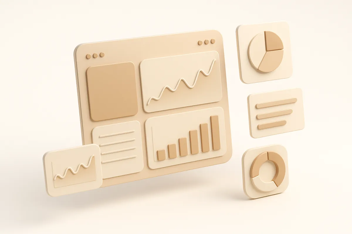3D-rendered dashboard in warm neutrals with interface cards and charts