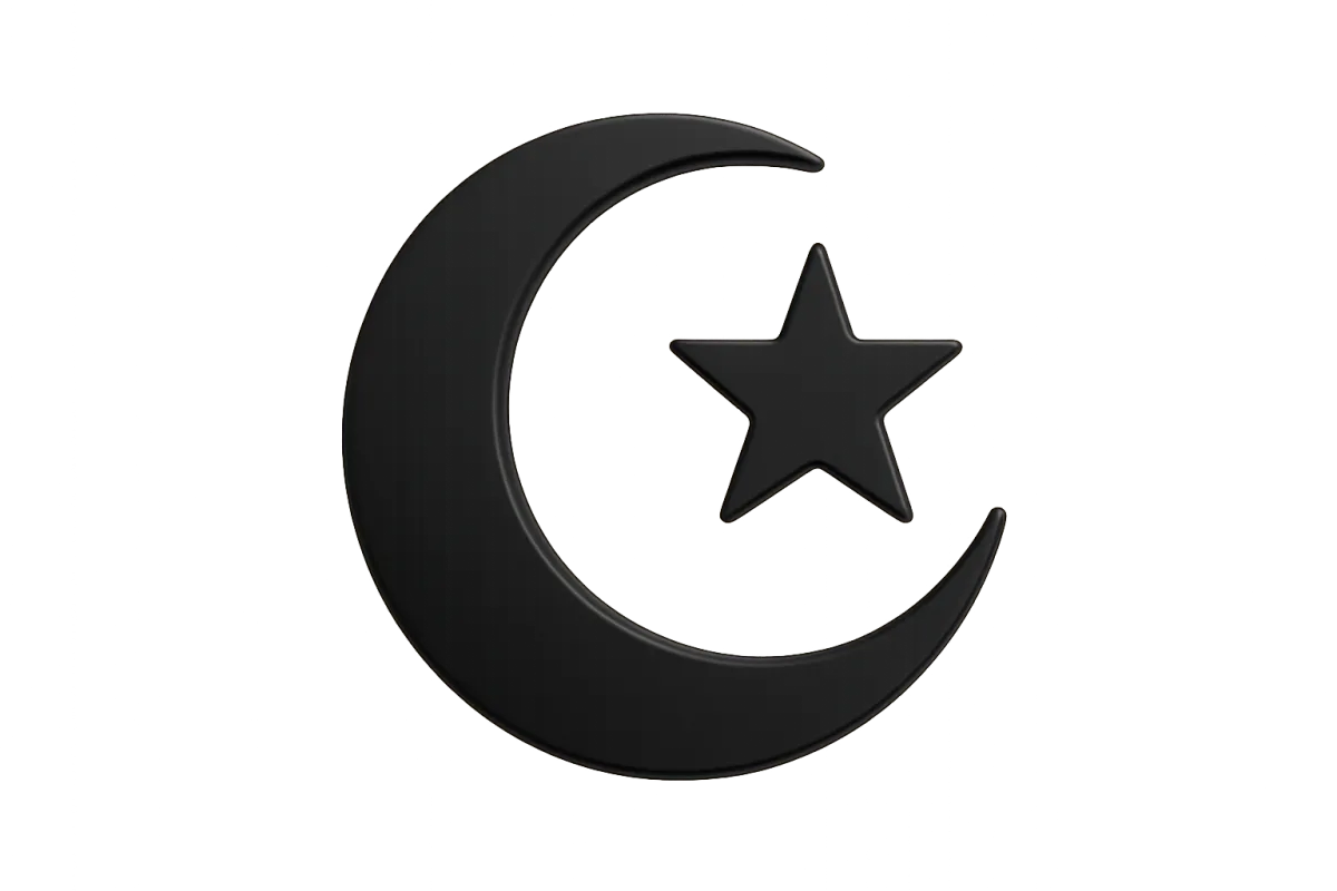 Matte-black crescent-and-star emblem, isolated on transparent background