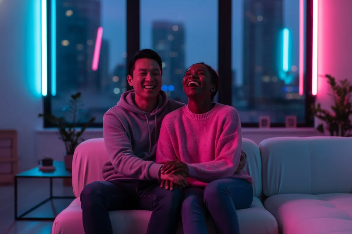 A diverse couple laughing together on a modern sofa