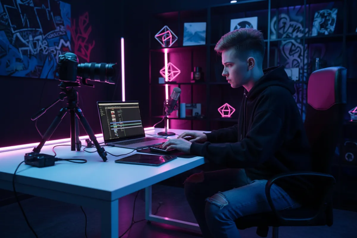 A solo creator at a desk with camera and laptop
