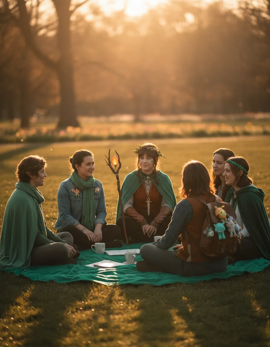 A warm, soft-focus photo of a community healing circle with participants sitting together in a serene sanctuary space