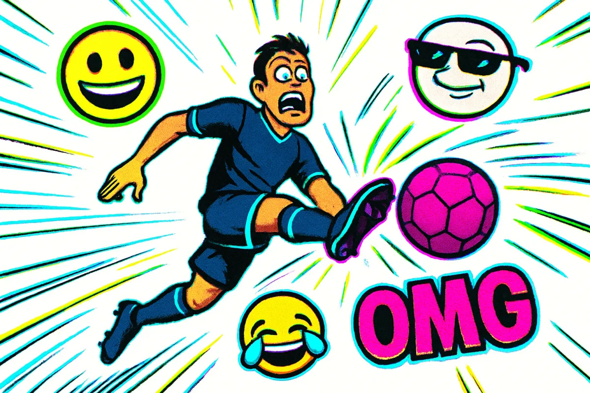 Stylized viral highlight frame with meme overlays and neon accents