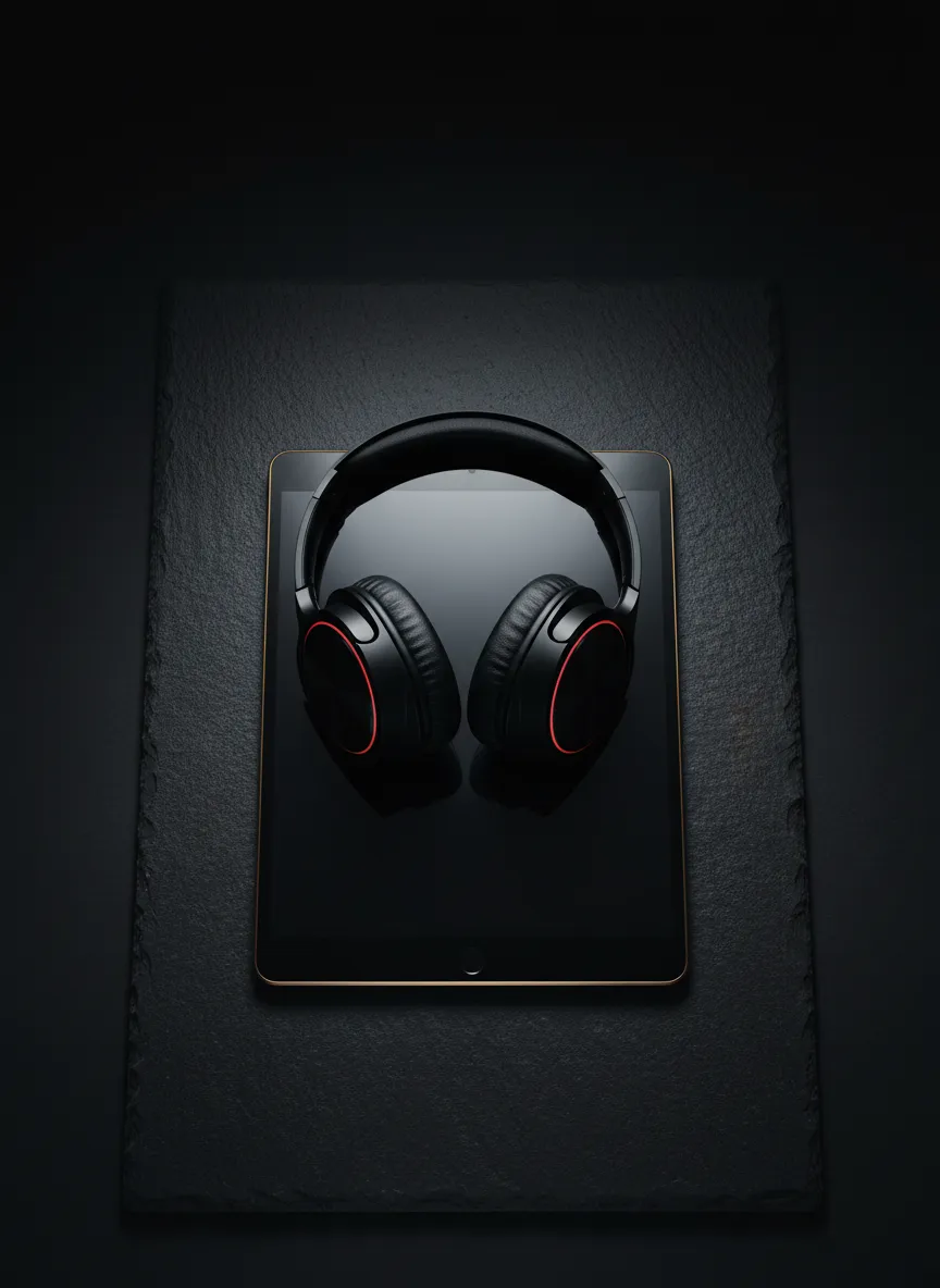 Premium wireless headphones resting on a digital tablet, cinematic dark lighting