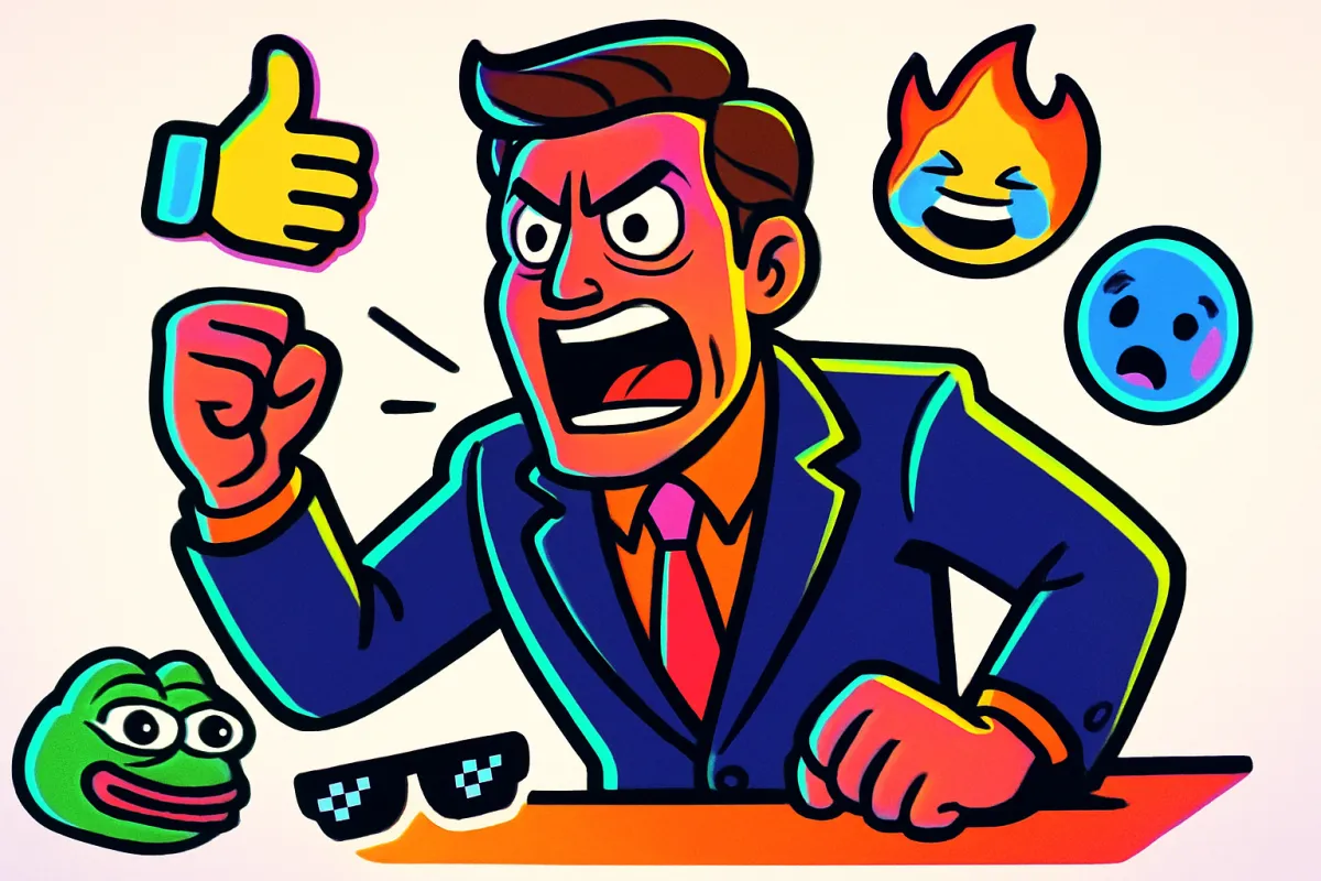 Bold illustrated anchor with meme overlays in vibrant parody style