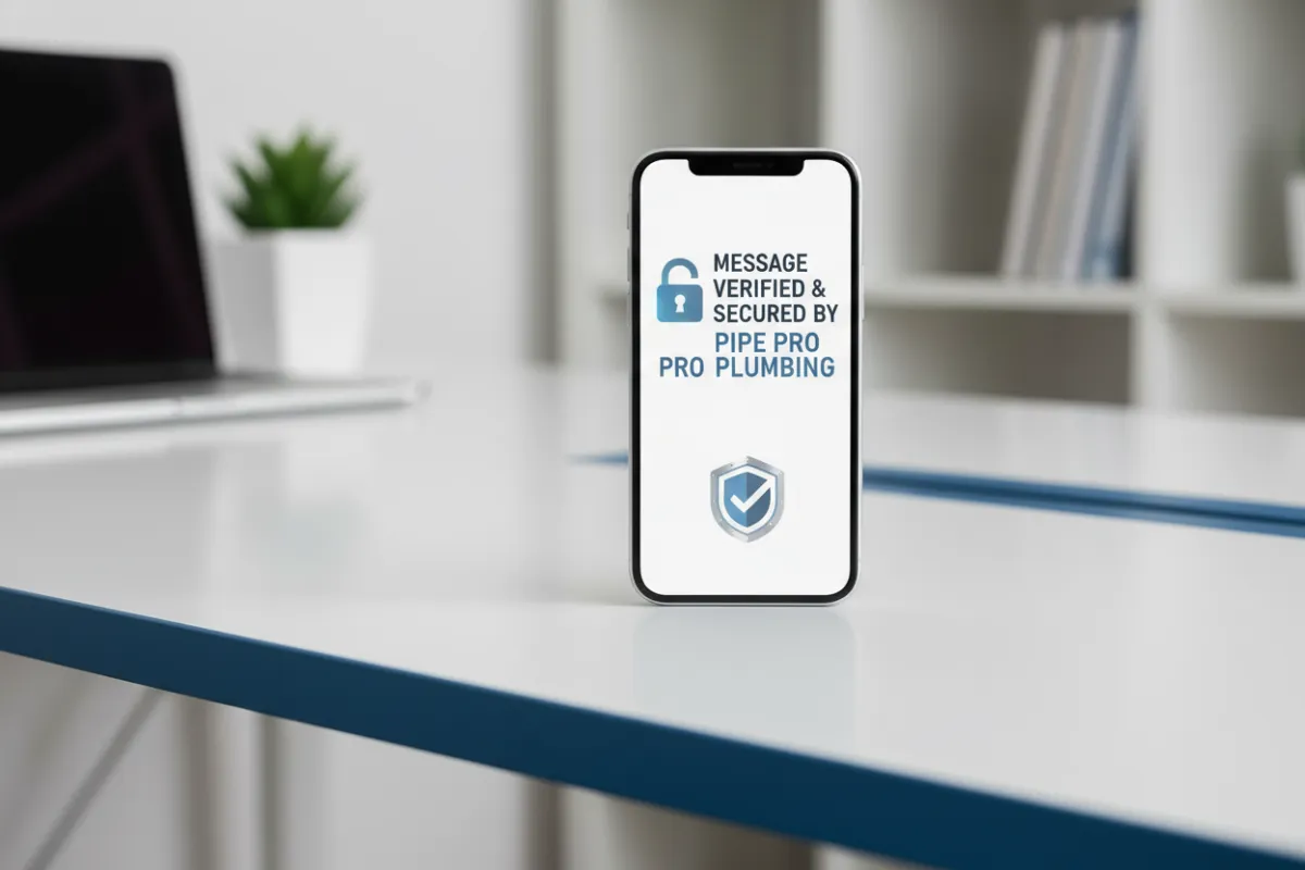 A smartphone displaying a secure, verified message from Pipe Pro Plumbing, with a lock icon and compliance badge visible. The phone rests on a clean desk with a blue accent, and a blurred background of a home office.