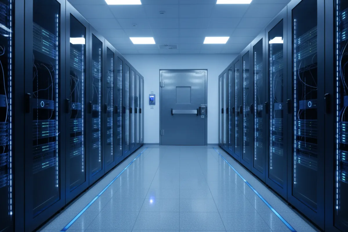 A secure server room with blue LED lighting, modern server racks, and a visible security lock, emphasizing robust digital security.