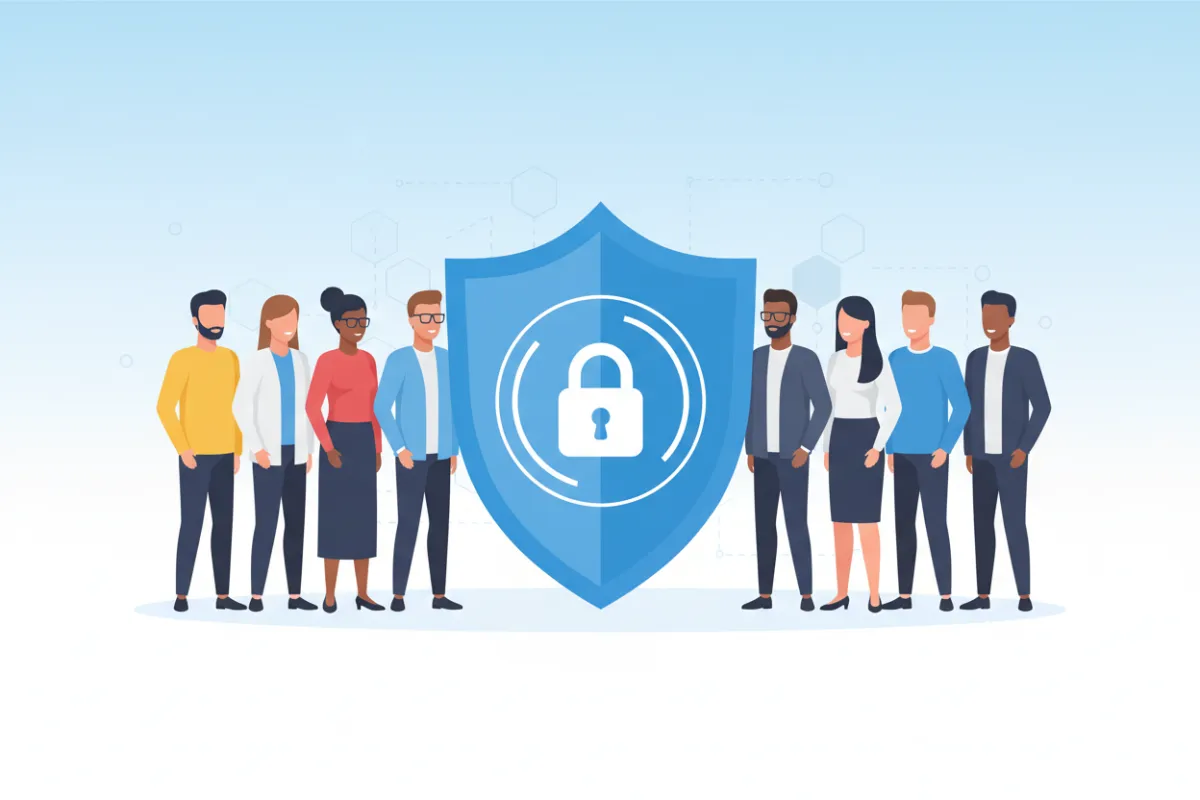 A flat illustration showing a diverse group of people standing around a large shield icon, symbolizing data protection and privacy.