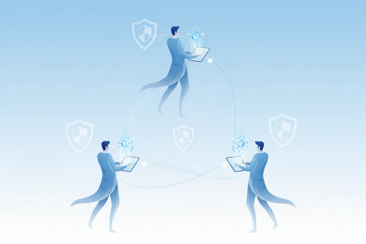 Conceptual illustration of three business professionals exchanging secure digital files, with shield icons and dotted lines connecting them. The background is a soft blue gradient, emphasizing trust, collaboration, and secure data sharing.