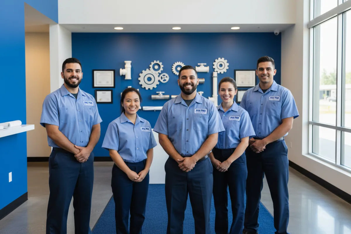 A diverse group of Pipe Pro Plumbing team members in branded uniforms, standing together in a modern office with blue accents, smiling confidently. The background features subtle plumbing tools and compliance documents, all in a bright, welcoming style.