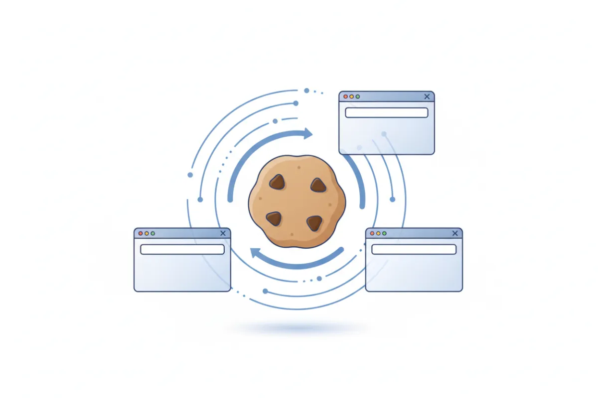 Minimalist illustration of a cookie icon surrounded by digital signals and browser windows, set against a clean white background with subtle blue highlights. The image conveys the concept of digital tracking in a simple, approachable way.