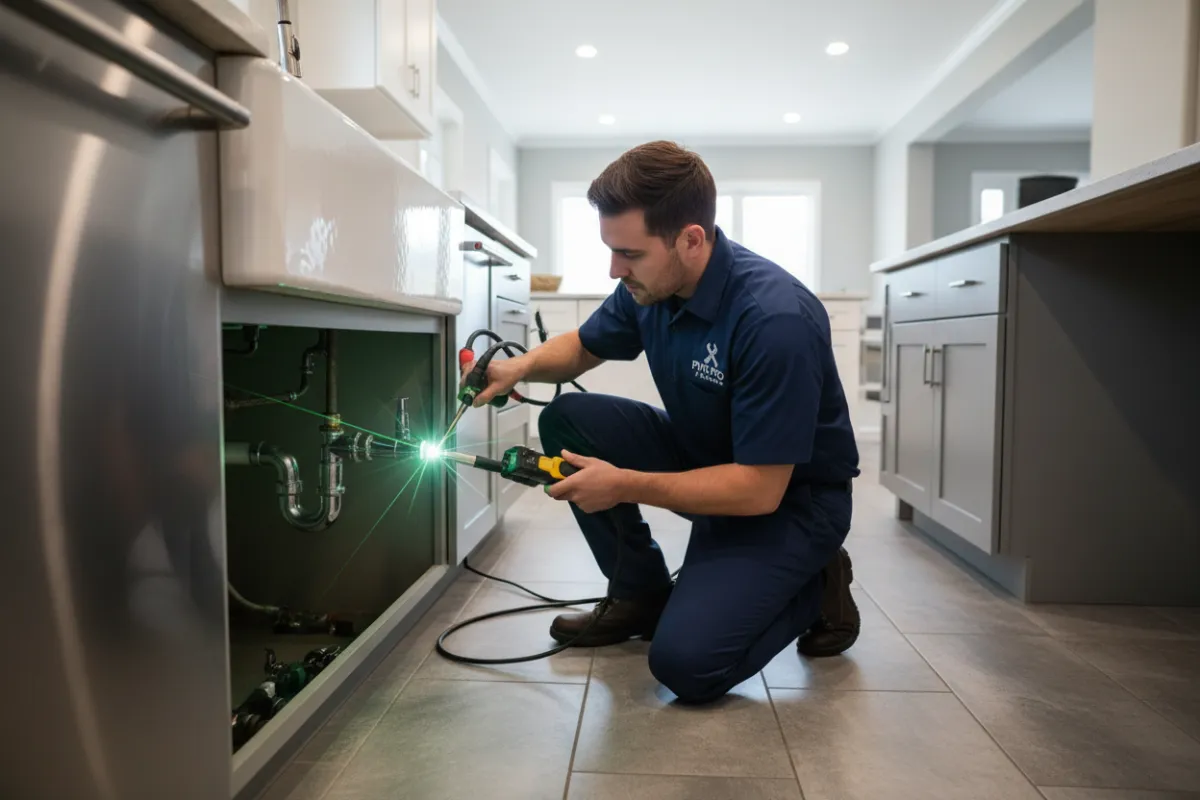 A Pipe Pro Plumbing technician repairing a kitchen sink, using advanced tools. The setting is a modern, well-lit kitchen with stainless steel fixtures, and the technician wears a blue uniform with a visible company logo.