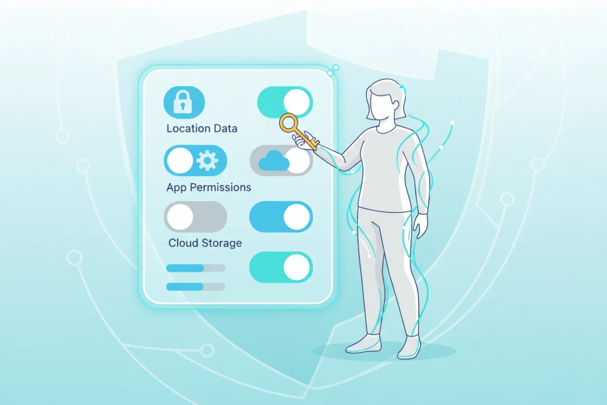 Illustration of a user holding a key, standing in front of a digital interface with privacy settings toggles. The background is light with blue and teal accents, symbolizing empowerment and control over personal data.