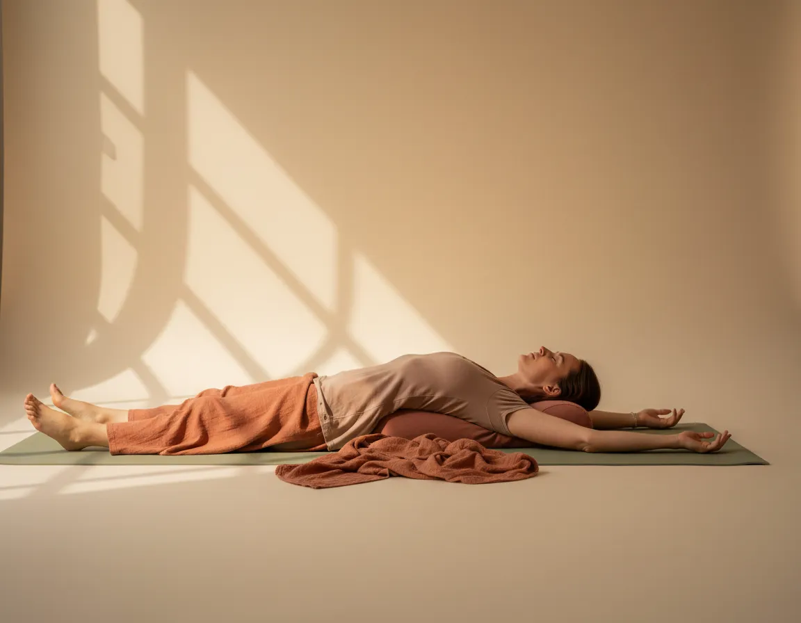 Madeleine demonstrating a restorative yoga pose