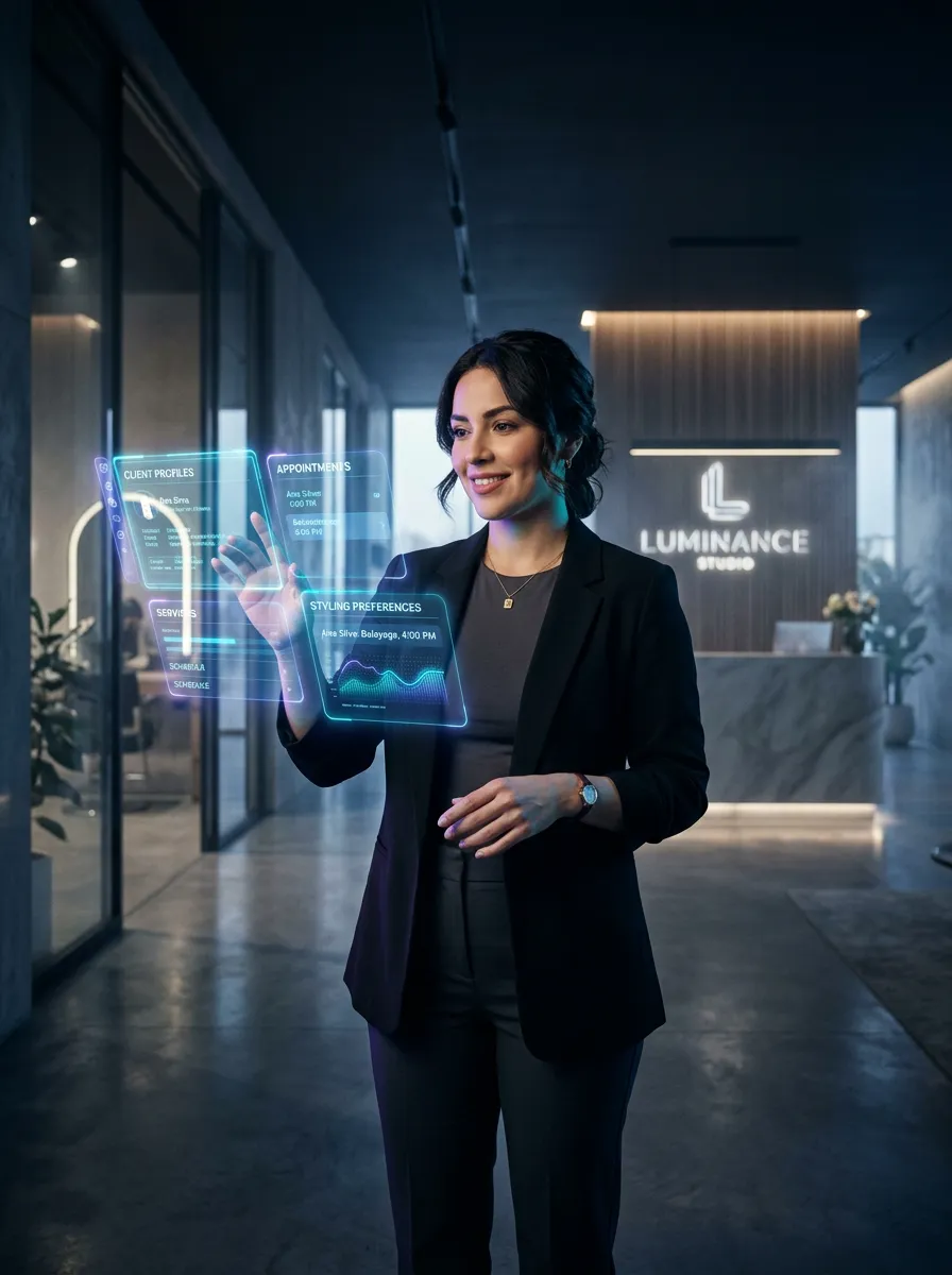 Hospitality professional working seamlessly alongside futuristic ambient AI holographic interfaces