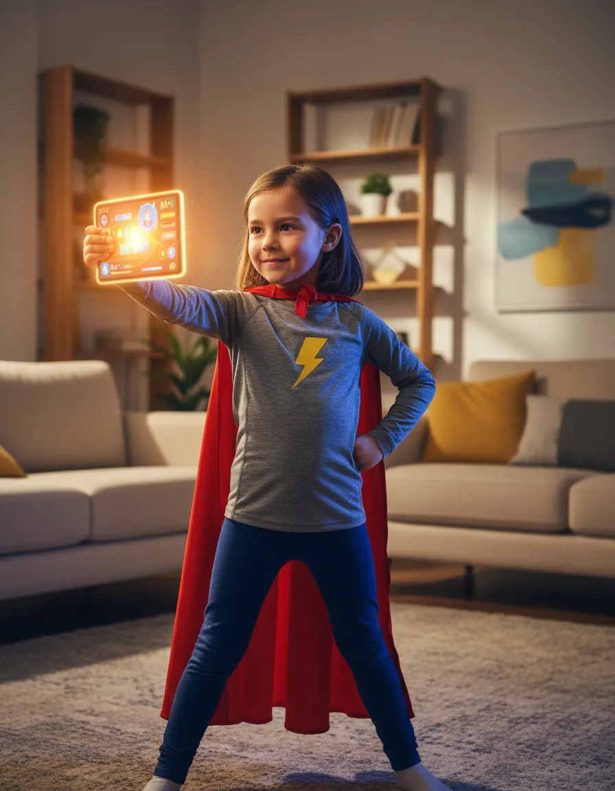 Child engaging with interactive superhero mission on screen