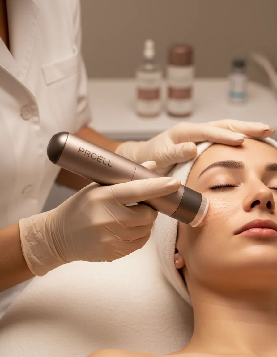 Clinical aesthetic procedure showing precise microchanneling application