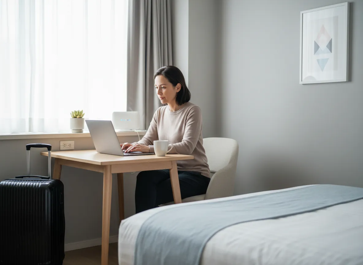 Traveling professional working at a desk in a shared home
