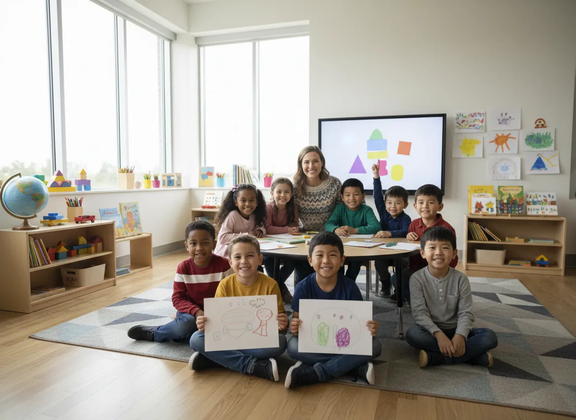 Smiling children and teacher in a bright Awaken Academy classroom