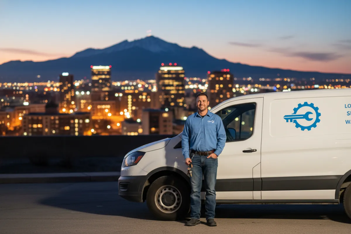 Colorado Springs mobile locksmith standing by van at dusk, city skyline and Pike's Peak in background