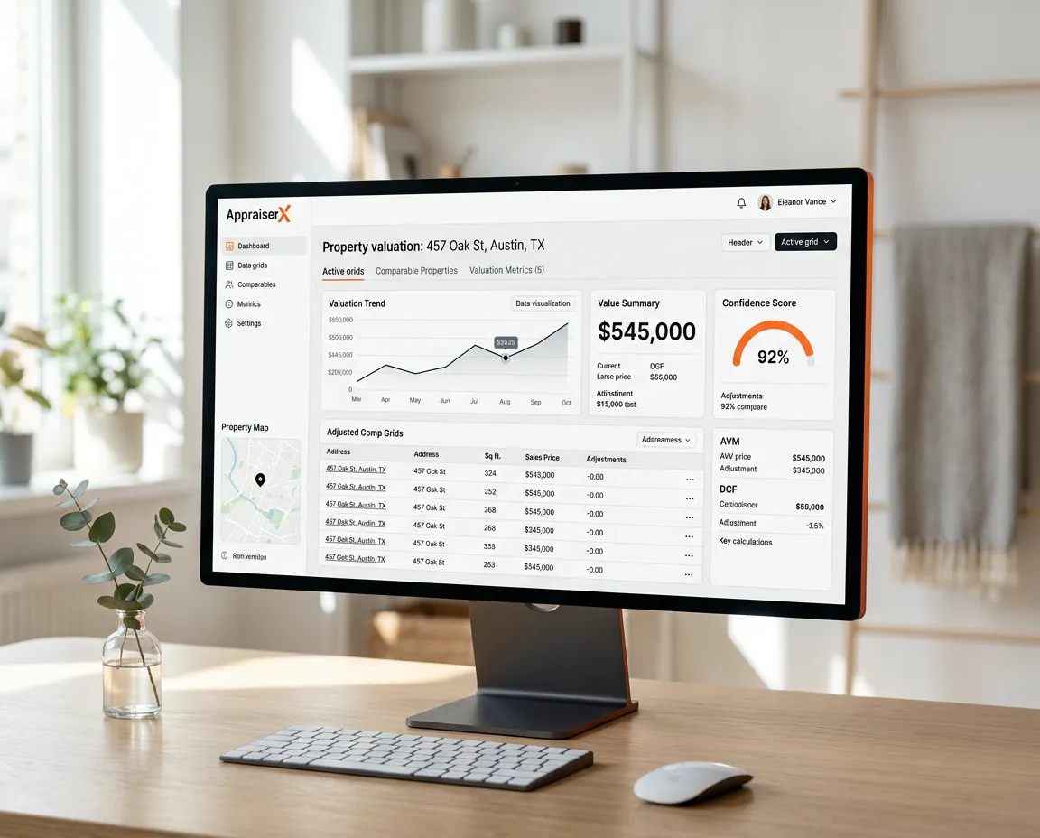 AppraiserX AI interface dashboard showing real-time comp grid analysis and valuation calculations