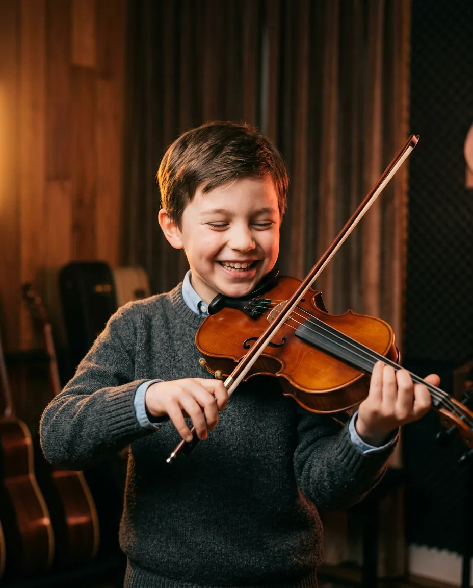 Young student passionately playing violin in warm acoustic studio