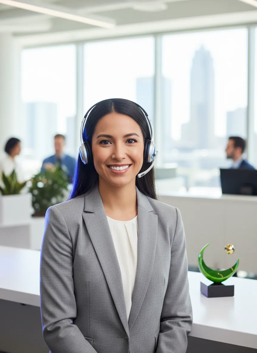Friendly customer success representative on a headset ready to assist you
