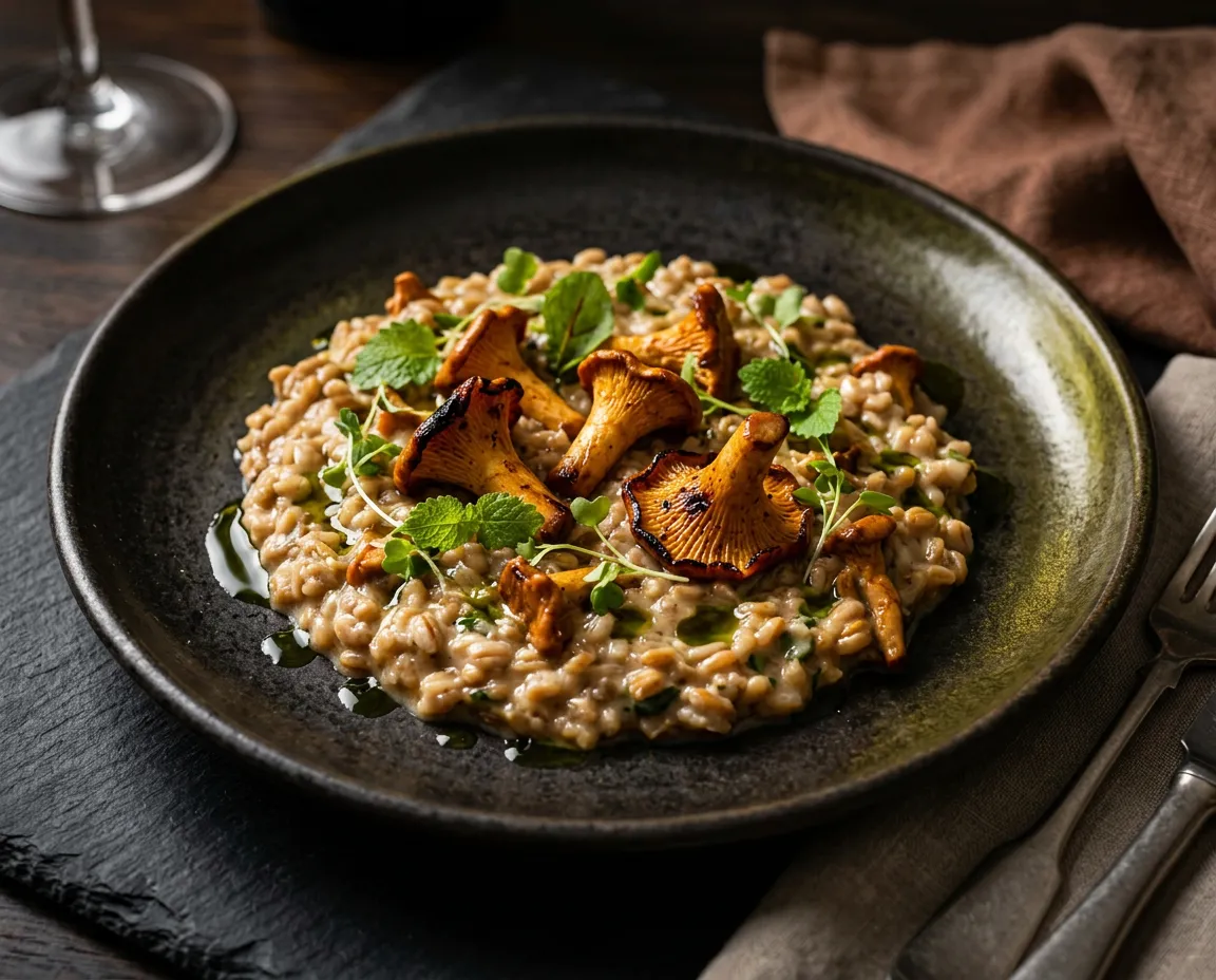 Wild Chanterelle & Spelt Risotto plated on dark ceramic with botanical oils