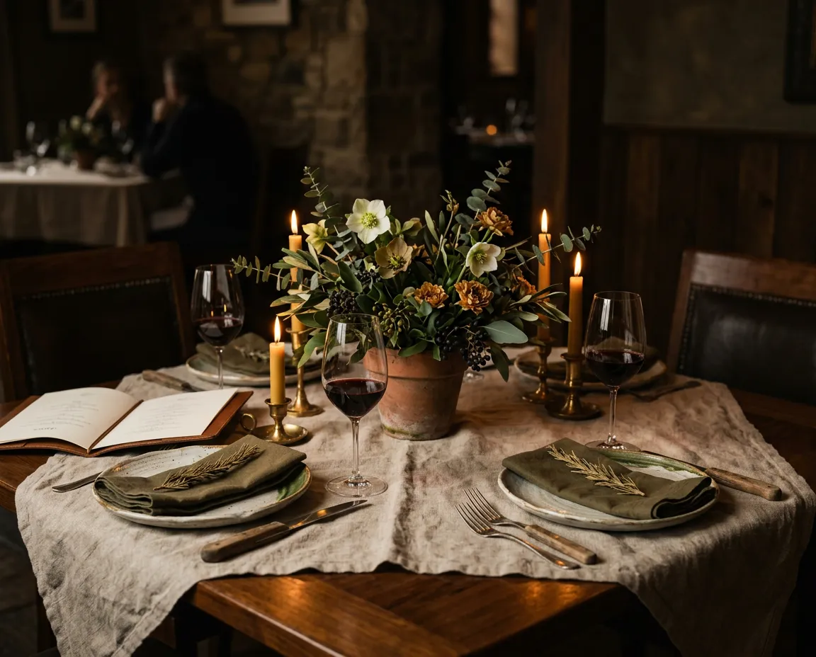 Impeccably set dining table with fine linen, rustic stoneware, and warm ambient candlelight waiting for guests