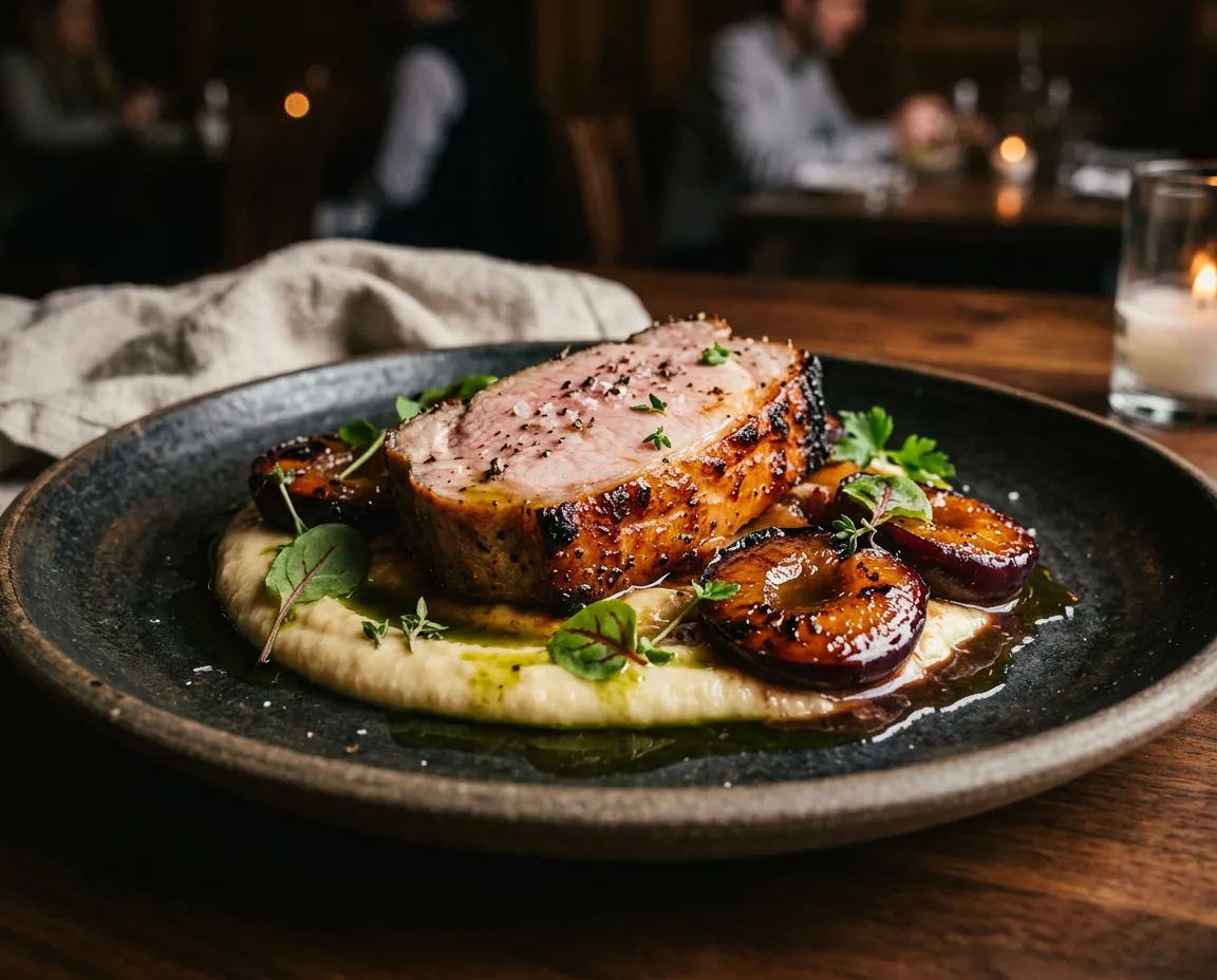 Wood-Fired Heritage Pork Loin with smoked parsnip puree and charred plums