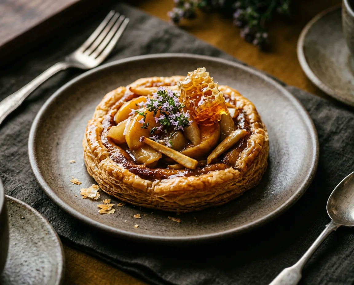 Smoked Parsnip & Orchard Tart garnished with thyme blossom and raw honeycomb