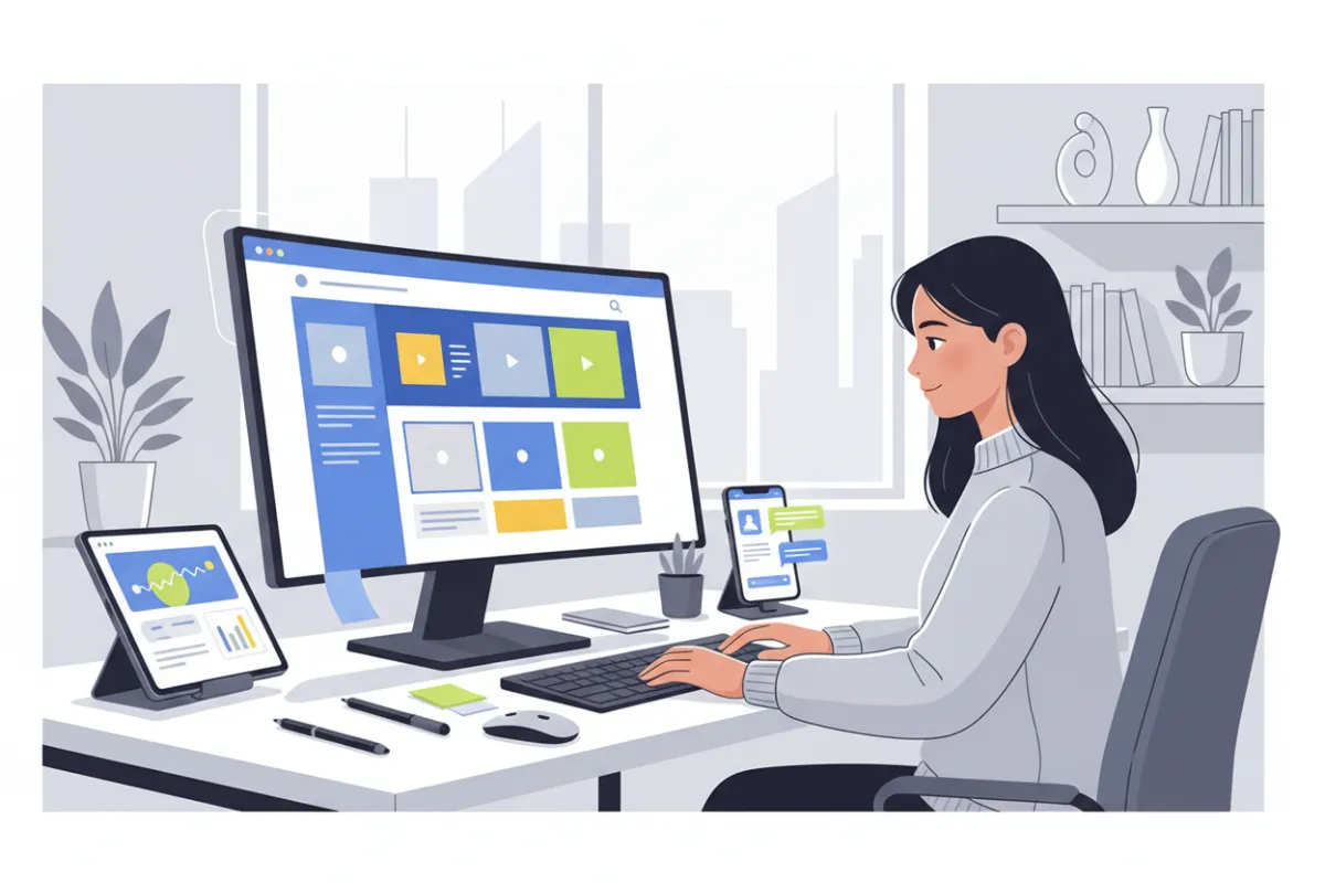Modern workspace with a small business owner reviewing a vibrant, responsive website design on a large monitor, surrounded by digital tools and a smartphone displaying an SMS chat interface. The setting is bright, professional, and energetic, evoking growth and innovation.