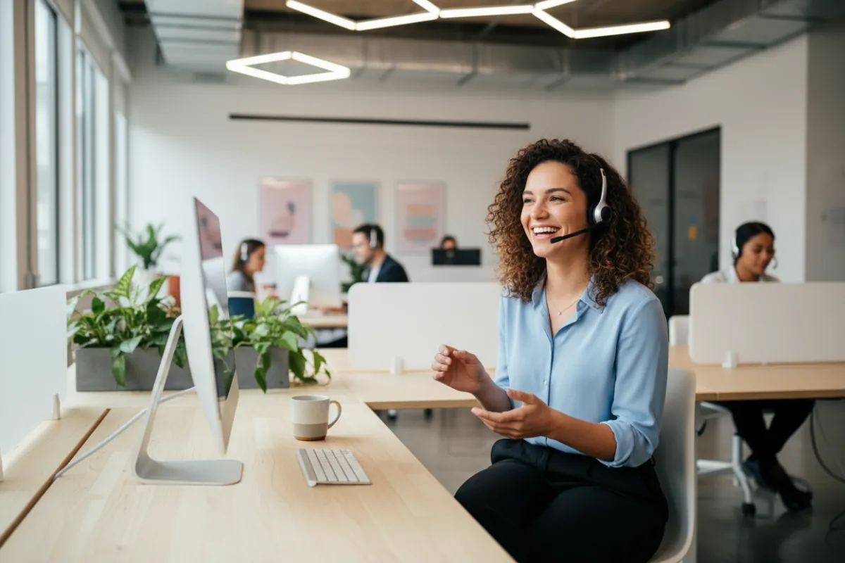 Customer support representative on a call, open workspace, friendly expression, headset, modern office, 3:2 aspect ratio