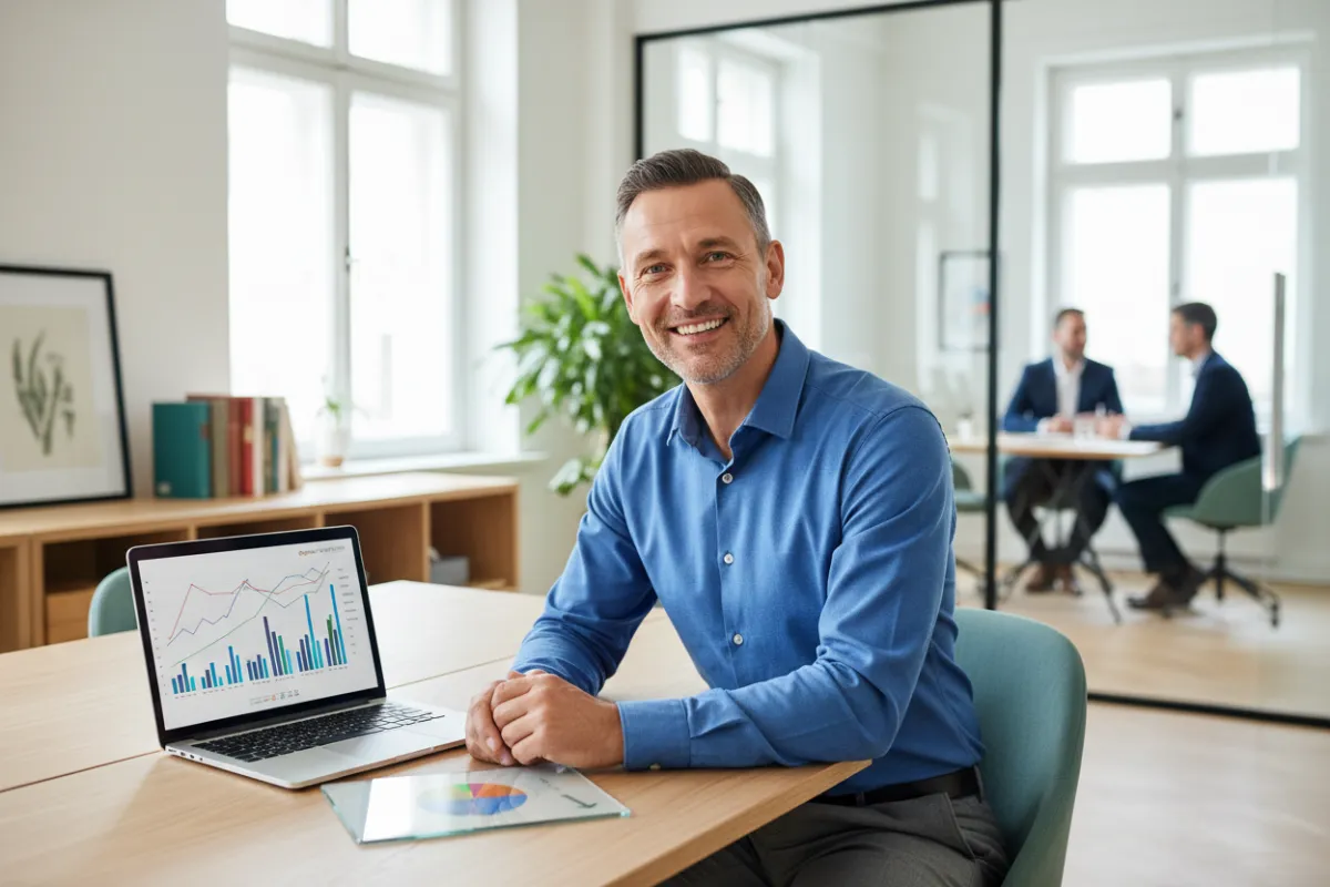A professional consultant sits at a modern desk, smiling confidently with digital marketing charts and a laptop in front. The office is bright with natural light, featuring business casual attire and a welcoming, approachable demeanor. The composition is realistic, 3:2 aspect ratio, and visually engaging for small business owners.