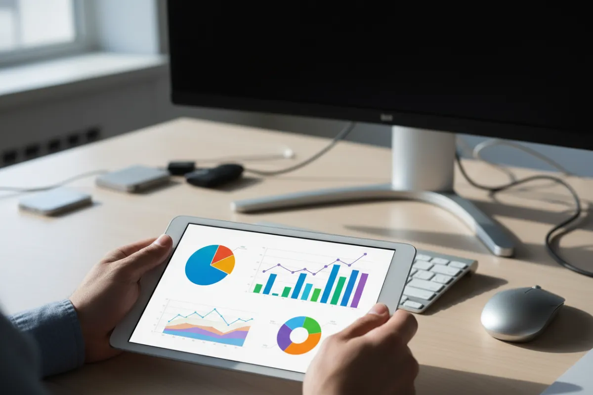 A close-up of hands holding a tablet displaying colorful marketing graphs and analytics. The setting is a modern workspace, emphasizing technology and strategic planning. The image is realistic, 3:2 aspect ratio, and highlights the analytical approach of digital marketing services.