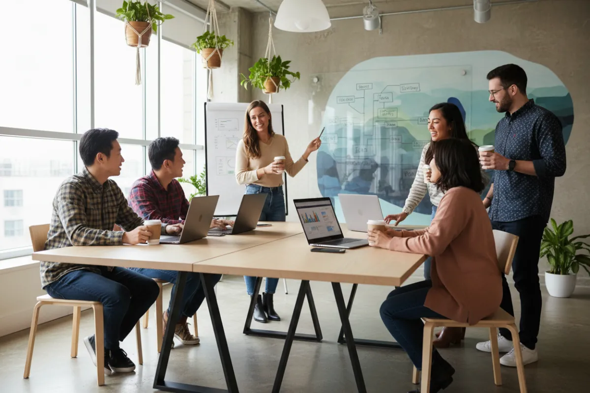 Diverse marketing team collaborating around a table with laptops and coffee, bright workspace, energetic atmosphere, casual attire, 3:2 aspect ratio