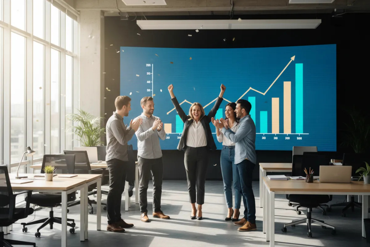 Small business owner celebrating sales growth with team, office setting, digital charts on screen, joyful expressions, 3:2 aspect ratio