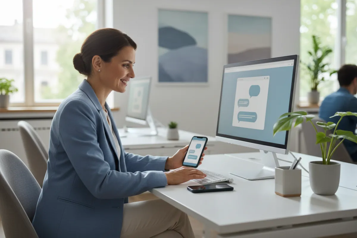 Customer support specialist at a desk, smiling while responding to a small business owner's inquiry via computer and mobile phone. The office is modern, with plants and soft blue-grey accents, conveying approachability and prompt service.