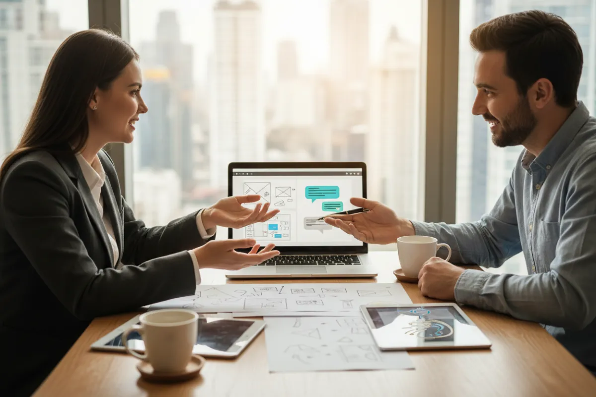 Consultant and small business owner in a bright office, discussing website plans over a laptop with a visible chat window. The scene is collaborative, with notes and digital sketches, highlighting personalized service and modern communication tools.