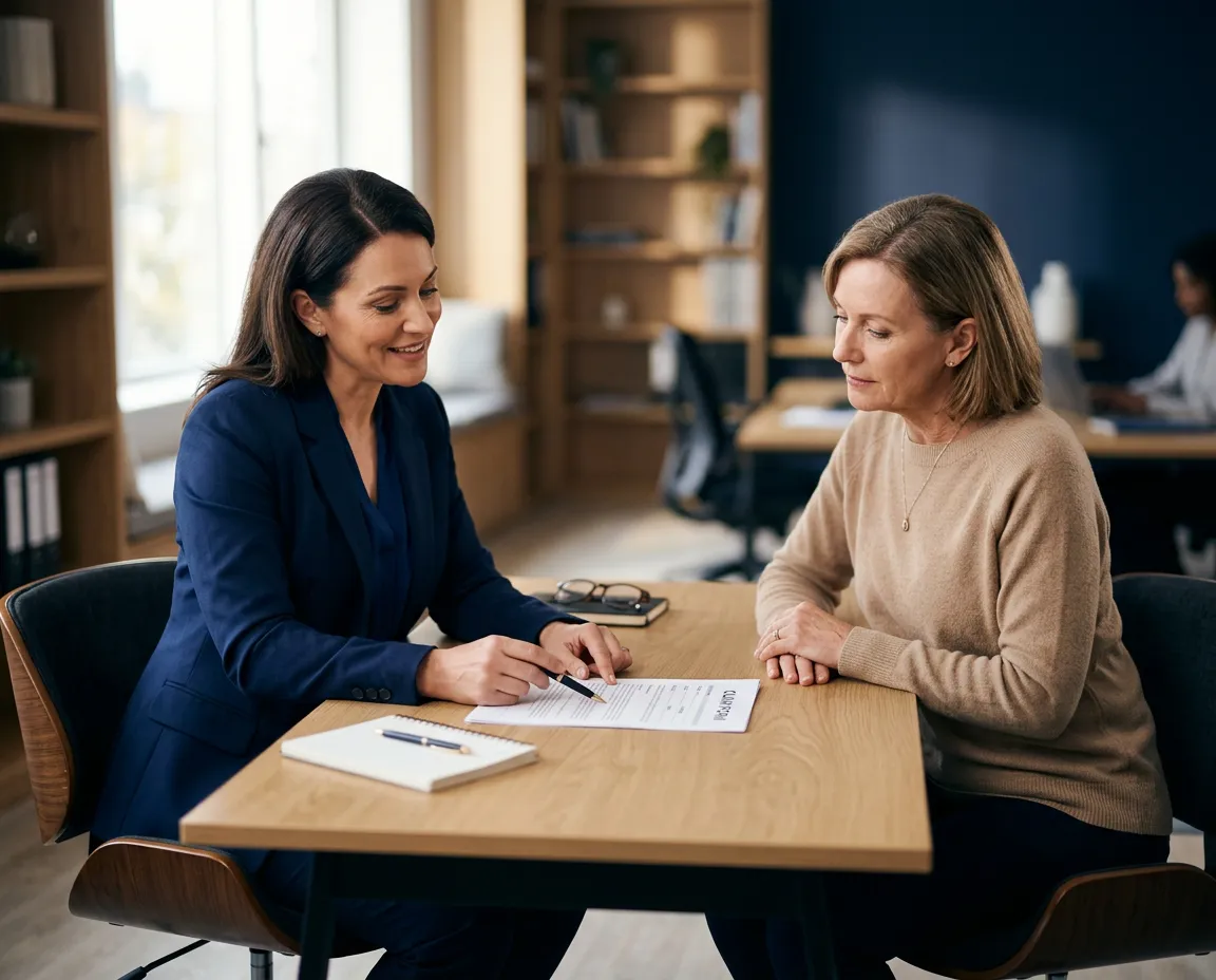 Calm professional legal consultation with an attorney reviewing claim documentation