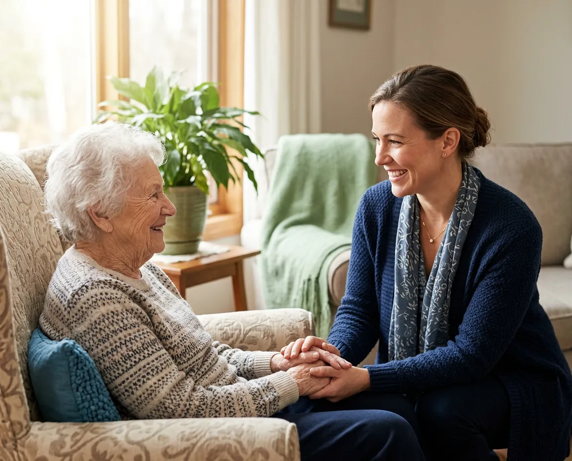 Dedicated caregiver sharing a warm, joyful moment with an elderly senior woman at home
