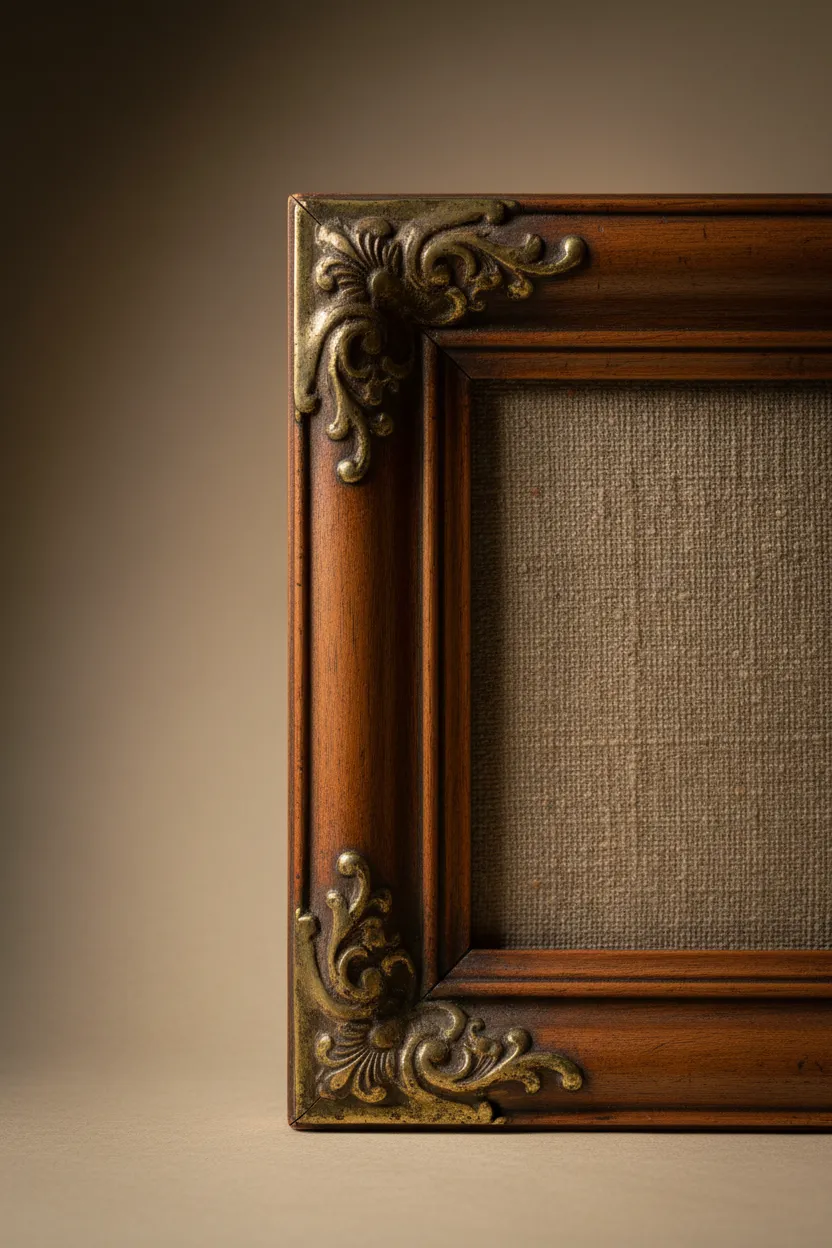 Detail shot of a hand-finished antique walnut portrait frame with brass accents
