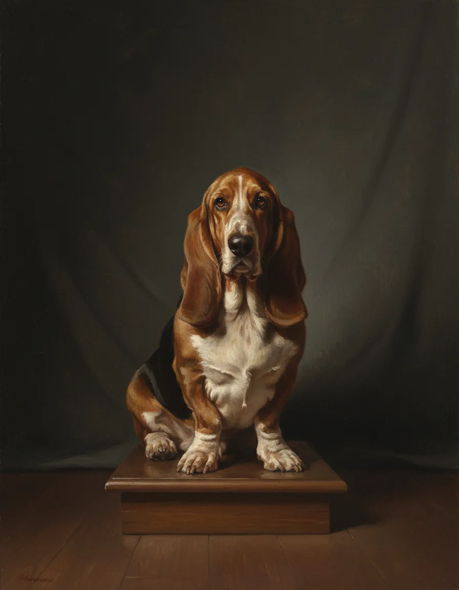 A masterful studio portrait of a hound sitting proudly