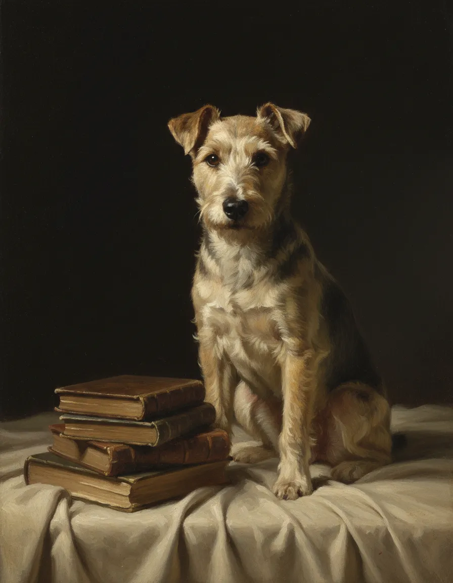 A classic portrait of a dog bathed in warm dramatic lighting