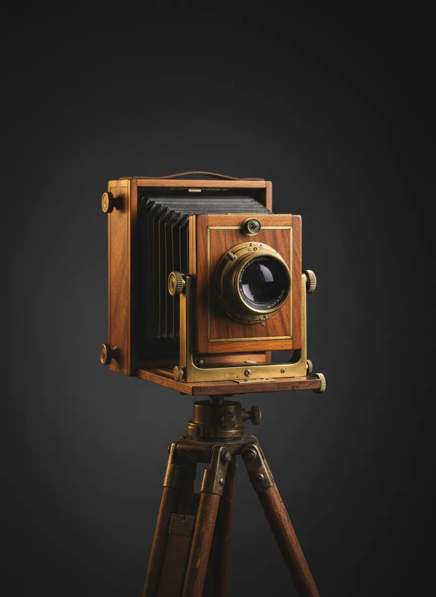 Antique large-format camera capturing a majestic dog portrait