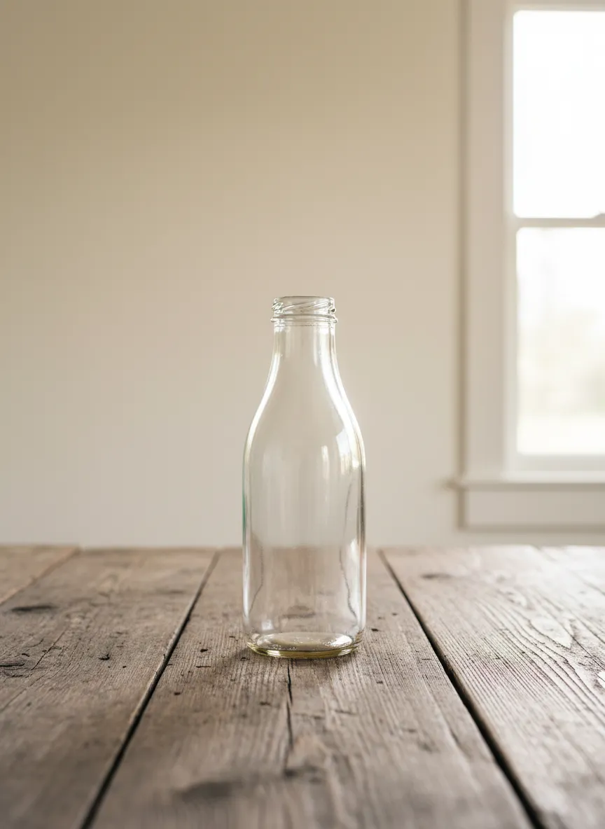 A glass milk bottle on a wooden table with natural afternoon light highlighting the raw textures
