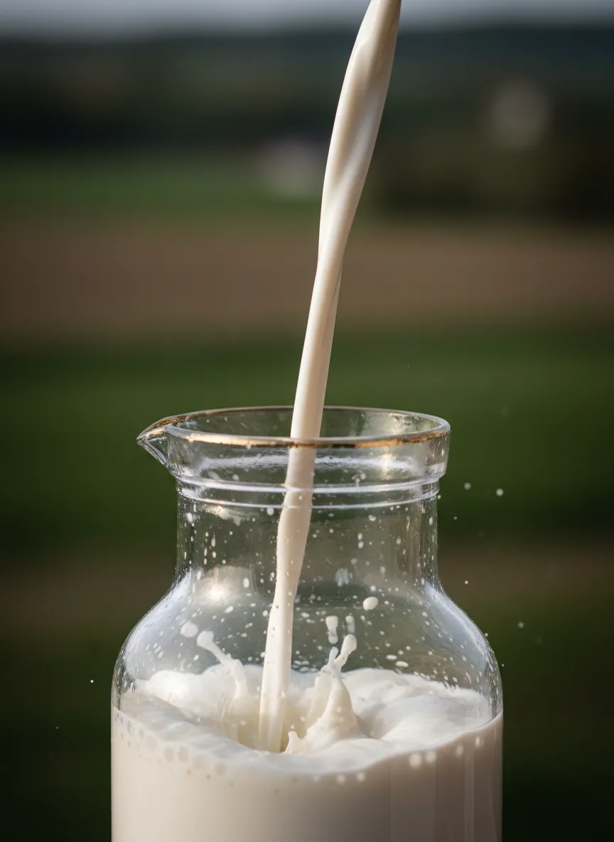 Fresh, pure milk pouring into a rustic glass container