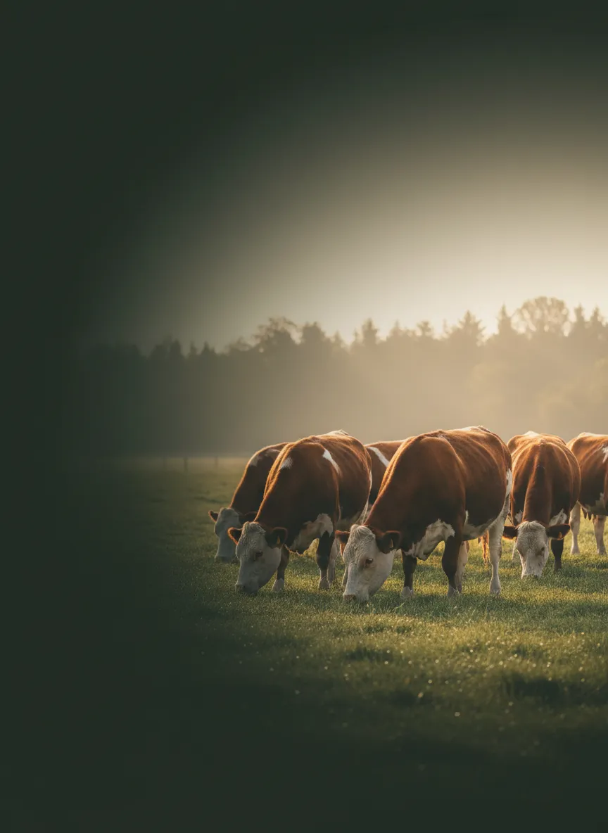 Cows grazing in an open sunlit pasture