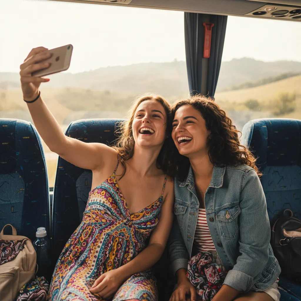 Guest selfie capturing candid laughter on the coach.
