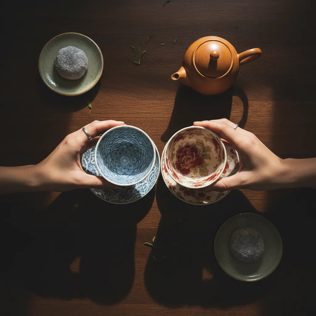 Intimate toast with teacups in a top-down composition.